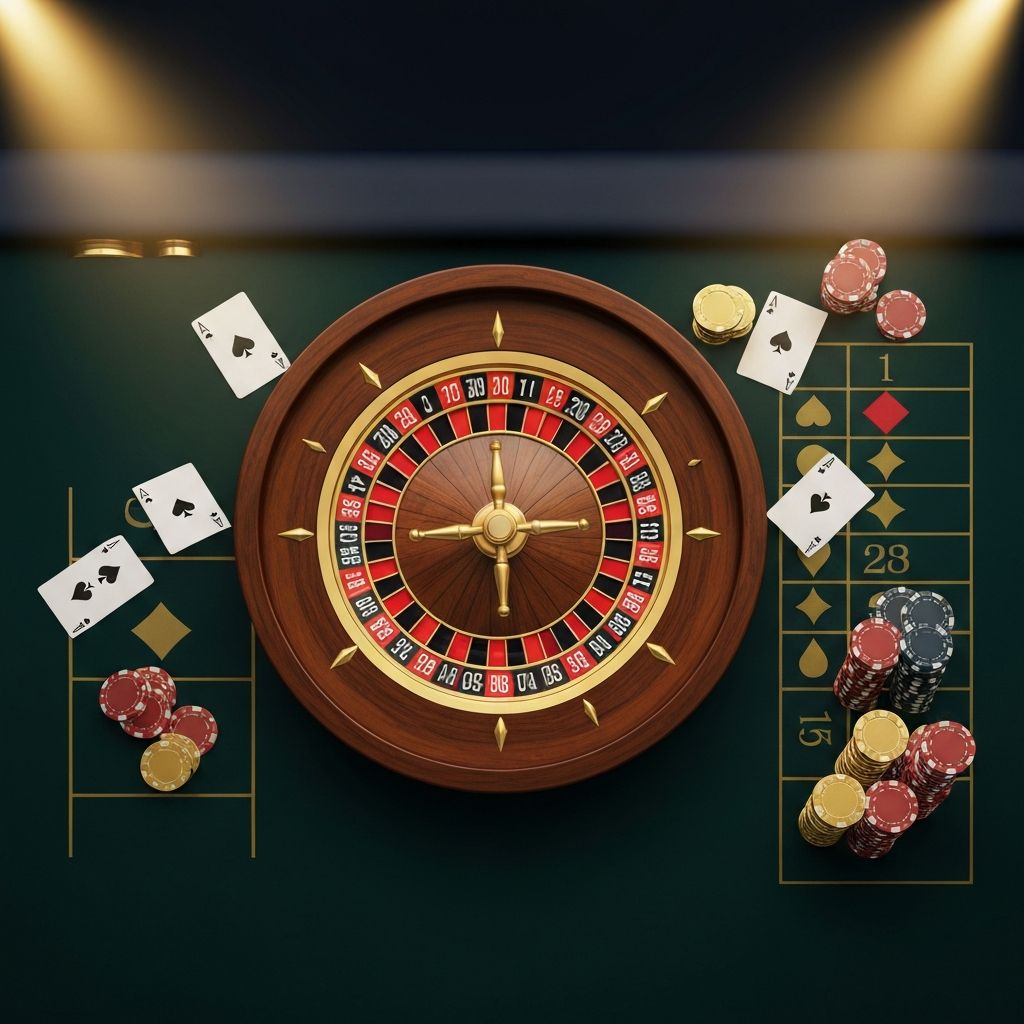 UK casino — roulette wheel, playing cards and poker chips